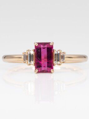 Natural Pink Tourmaline & Diamond Art Deco Ring in Solid 14K Yellow Gold